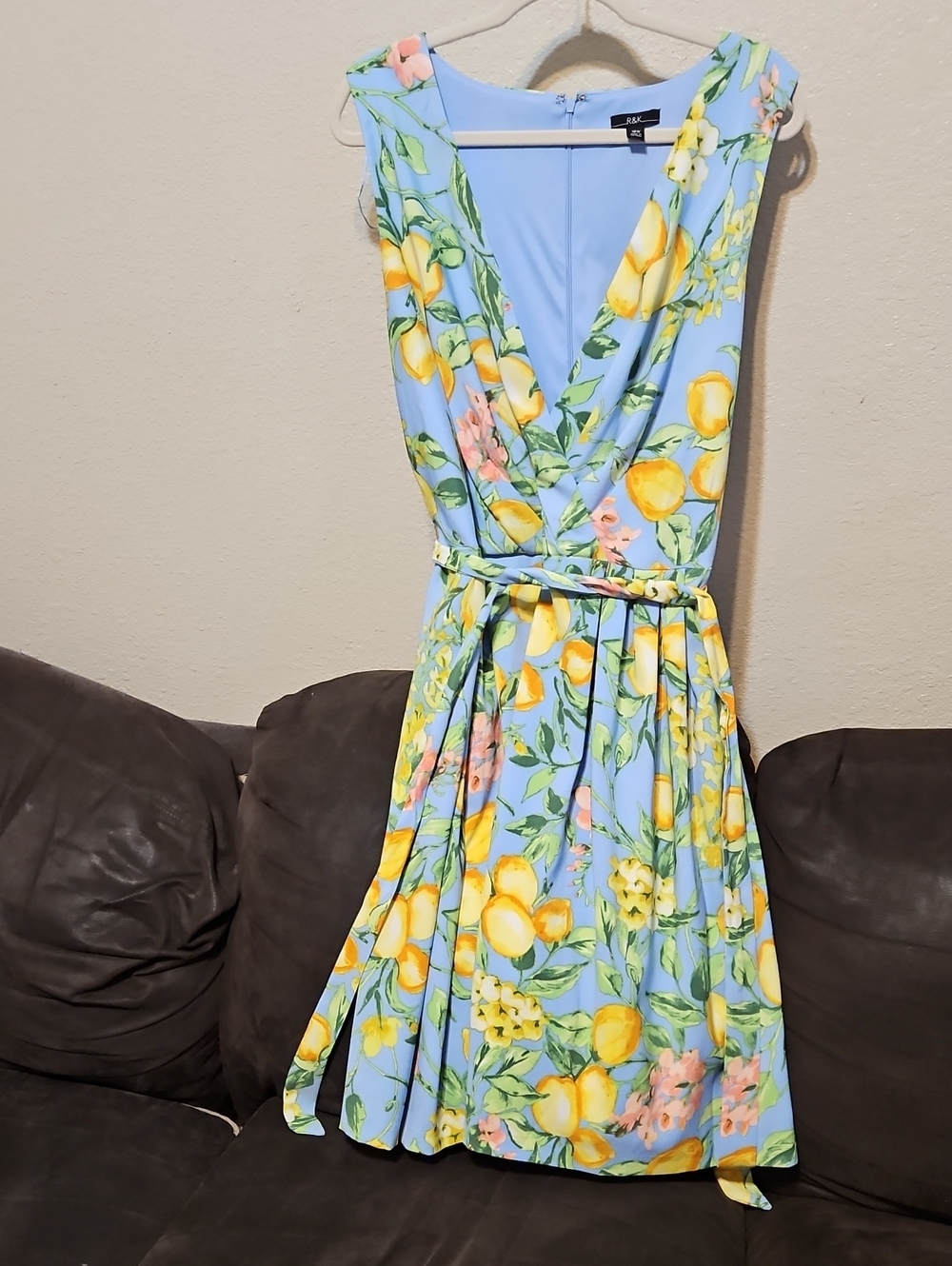 R&K Light Blue Floral Wrap Midi Dress with Belt